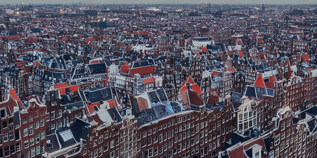 Prompt: the rooftops of amsterdam during a catastrophic fire. moody dark skies lit up by fire. photography