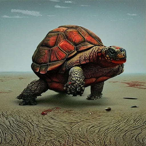 Image similar to A tortoise covered in blood, roaring in antipication of death, style of keith thompson, laurie lipton, Zdzisław Beksiński