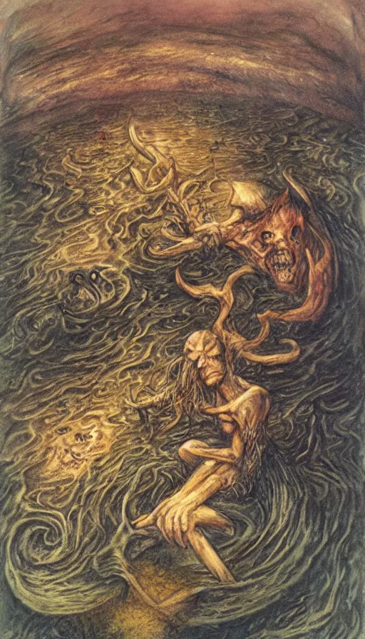 Image similar to man on boat crossing a body of water in hell with creatures in the water, sea of souls, by brian froud