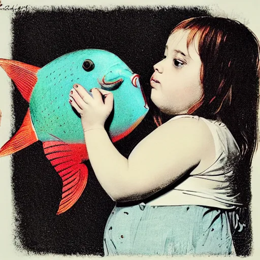 Image similar to the same style. the most beautiful little fat sweet girl is kissing a huge colorful cute fish. modern etching. colored print. hype realistic scene. old photography style. studio lighting. window. 3 d, artstation, deep focus