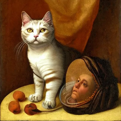 Prompt: renaissance painting of a cat wearing a pickelhaube