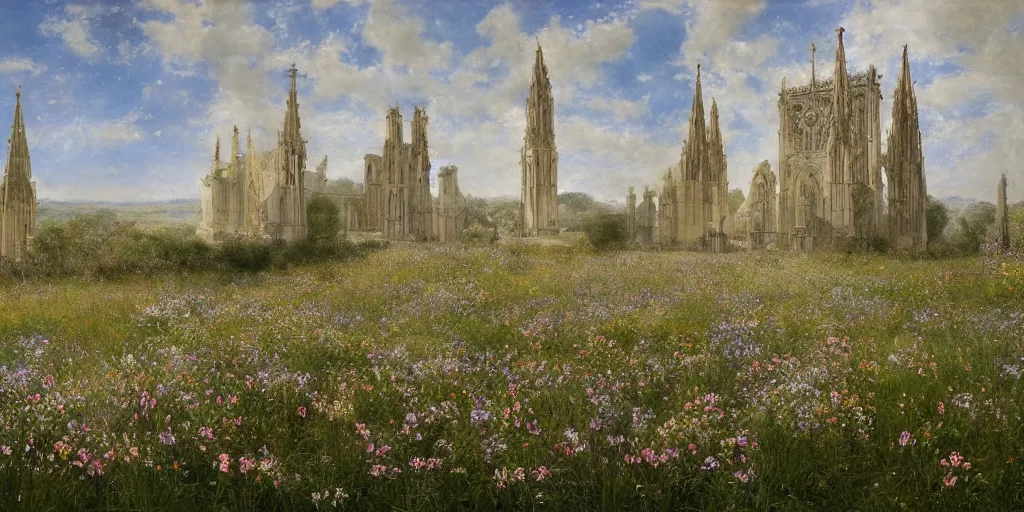 Image similar to a recursive cathedral made of marble within a wildflower meadow at dawn, in the style of alma tadema