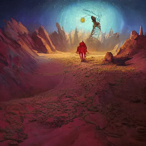 Image similar to A fresco painting of a nomadic wanderer traversing a corrupted futuristic crystal desert by Jacek Yurka, Kelly Freas, Filip Hodas, Paul Lehr, Dan Mumford, Max Ernst