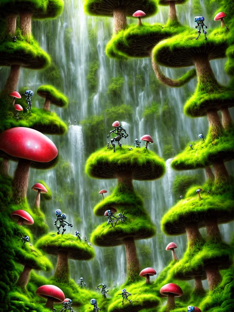 Image similar to future robot android primate in forrest of giant mushrooms, moss and flowers stone bridge waterfall. muted colors. by jean james mccarthy. by tim white. in the style of raffaello ossola. highly detailed. award winning. trending on artstation