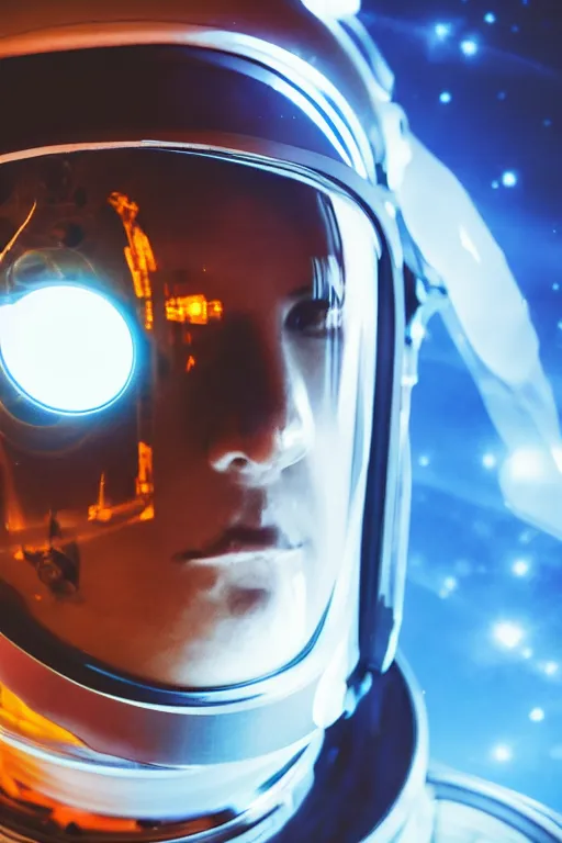 Image similar to photorealistic scene of one cyberpunk astronaut helmet with light reflection looking at space with cosmos background, extremely close shot, 8k, cinematic, epic