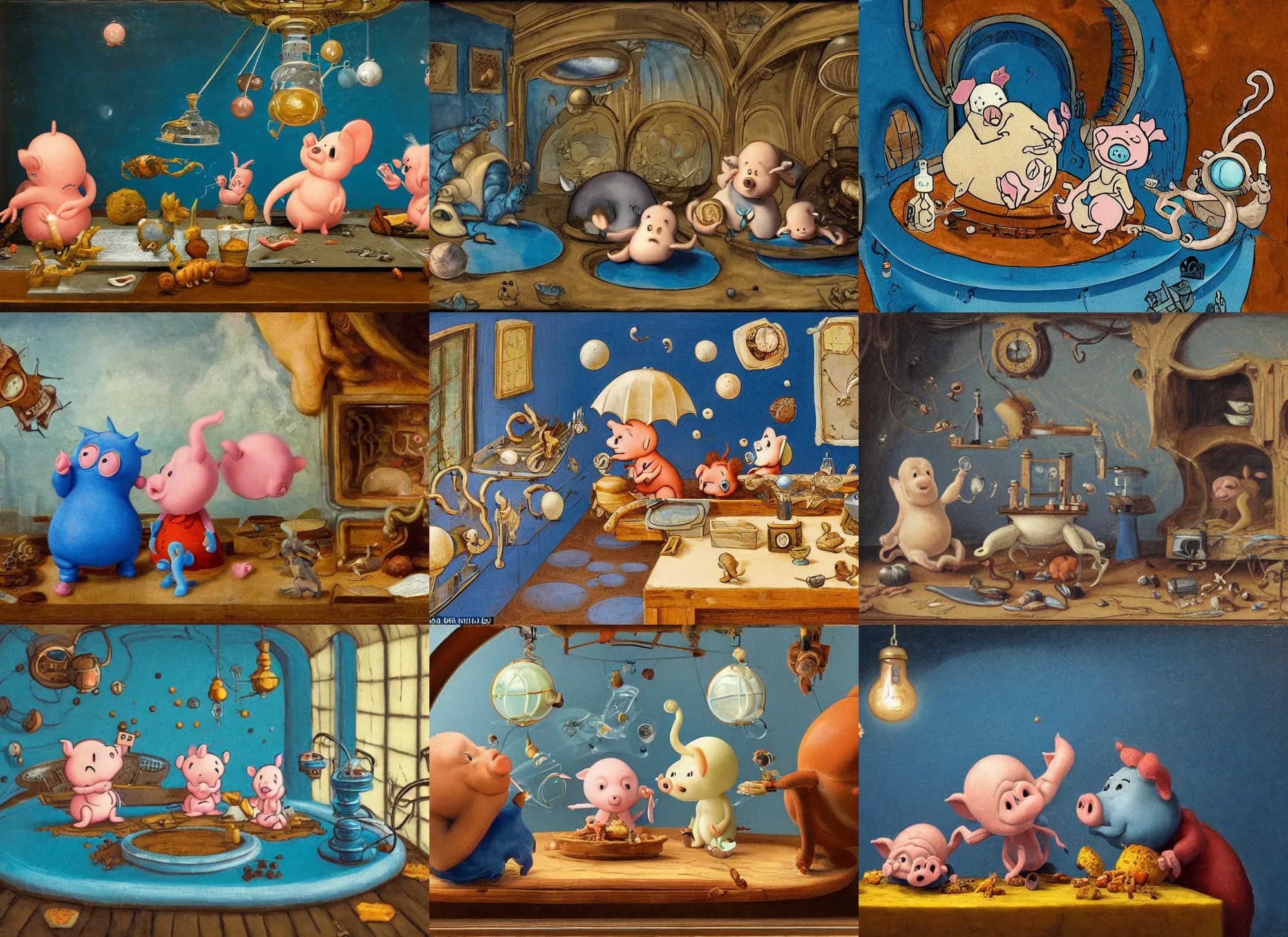 Prompt: portly little squid - piglet - scientists enjoying a snack in an organic chitinous space station, rococo, baroque, bucolic, biomorphic, comforting, renaissance, american realist, cerulean blue and burnt sienna, modeled lighting, atmospheric