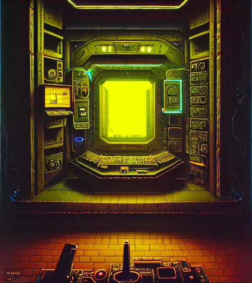 Prompt: portrait of a boss lair with a large face on the wall, cybertronic gadgets, vantablack cloth technology, night, rusty shapes, biotechnology, dariusz zawadzki, tim hildebrandt, wayne barlow, bruce pennington, larry elmore, oil on canvas, deep depth field, masterpiece, cinematic composition, hyper - detailed, hd, hdr