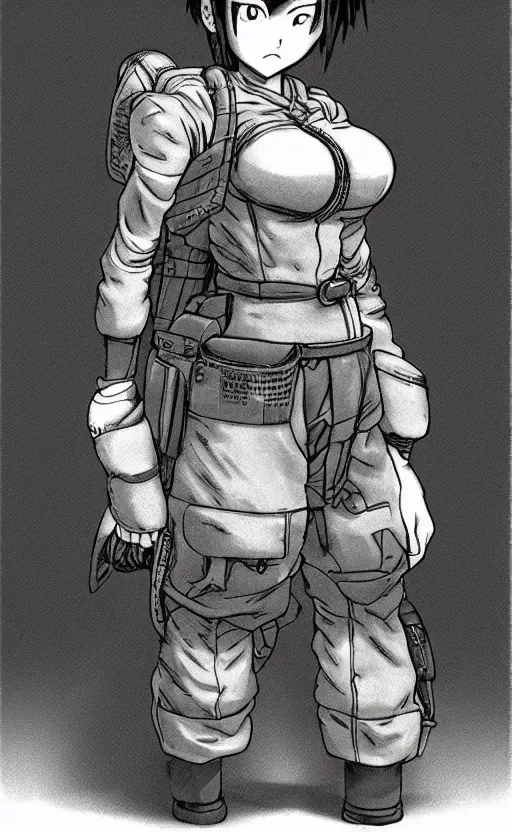 Prompt: manga, matte, toriyama akira, portrait of soldier girl character