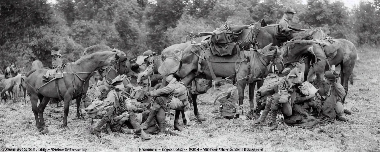 Image similar to soldiers feeding horses spaghetti meal, world war 1, canon 5 0 mm, kodachrome, in the style of wes anderson, retro