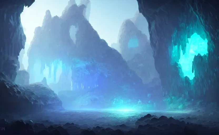 Image similar to a blurry ambient glowing crystal in the distance of a giant cave, crystals, dynamic lighting, ambient lighting, atmospherical, photorealistic fantasy concept art, trending on art station, stunning visuals, creative, cinematic, ultra detailed