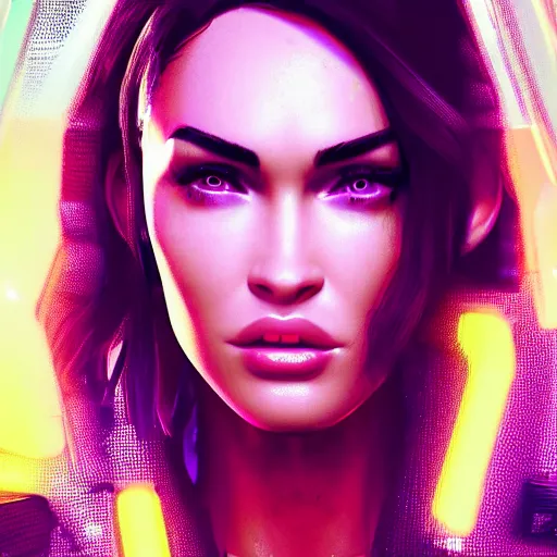 Image similar to Megan Fox portrait, Cyberpunk 2077, ultra photorealistic, cybernetic body parts, neon, octane, bokeh, 8k