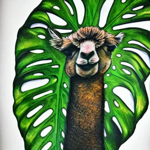 Image similar to tattoo idea of a alpaca face on a monstera leaf