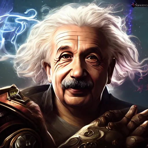 Image similar to Portrait of Albert Einstein as a spellcaster, League of Legends amazing splashscreen artwork, Gears of War, splash art,natural light, elegant, photorealistic facial features, intricate, fantasy, detailed face, atmospheric lighting, anamorphic lens flare, cinematic lighting, league of legends splash art, hd wallpaper, ultra high details by Greg rutkowski