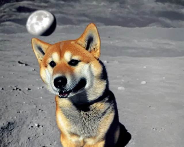 Image similar to hyper realistic shiba on the moon, first shiba on the moon, 9 0's photograph