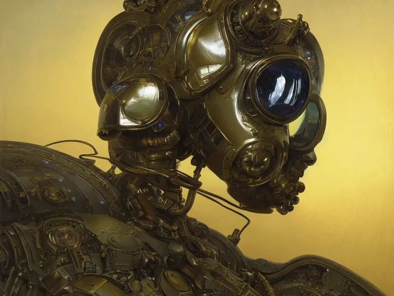 Prompt: a detailed profile oil painting of a polished humanoid robot with reflective visor, flight suit, portrait symmetrical and science fiction dieselpunk theme with aurora lighting by beksinski carl spitzweg and tuomas korpi. baroque elements, full-length view. baroque element. intricate artwork by caravaggio. Trending on artstation. 8k