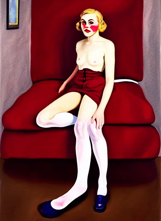 Prompt: oil painting of AnnaSophia Robb, stockings, WWII soldier uniform, frozen stare in a void room of existential maroon horror painted by John Singer Sargant, inspired by paintings of Francis Bacon and Bryan Lee O'Malley and Edward Hopper