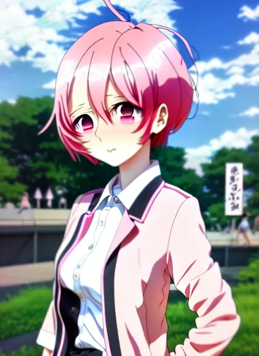 Image similar to anime portrait of ssunbiki as a beautiful woman, pink hair, wearing white polo and dark jacket, park background, bokeh, ilya kuvshinov, anime, pixiv top monthly, trending on artstation, cinematic, danbooru, zerochan art, kyoto animation