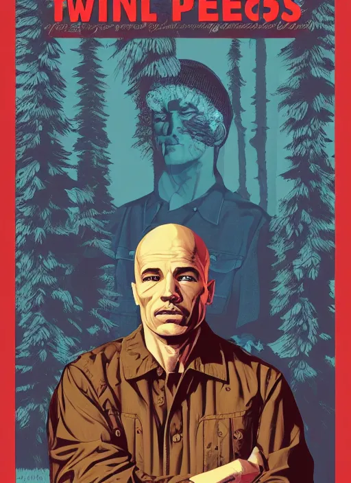 Image similar to Twin Peaks poster artwork by Michael Whelan, by Bob Larkin and Tomer Hanuka, Karol Bak of portrait of Joe Rogan the local lumberjack, from scene from Twin Peaks, clean, simple illustration, nostalgic, domestic