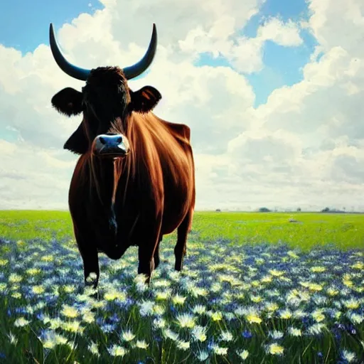 Image similar to Hyper realistic oil painting of a cow standing in the middle of a field of daisies, blue sky, high contrast, by greg rutkowski, trending on artstation