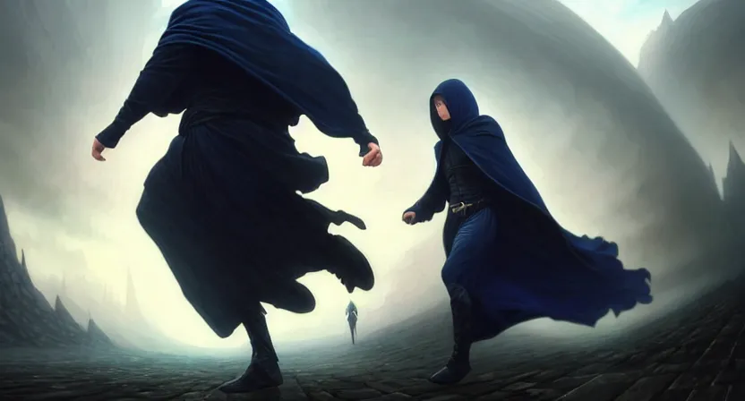 Prompt: handsome mage running away from a giant airship, black hair wearing hooded gothic navy cloak, cave town, movie action still frame, ultra wide horizon, intricate, elegant, highly detailed, hyperrealism, digital painting, concept art, smooth, sharp, focus, illustration, art by artgerm, greg rutkowski, ilya kuvshinov, alphonse mucha