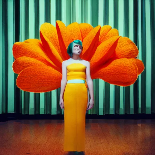 Image similar to giant flower head, frontal, girl standing in mid century hotel, surreal, symmetry, bright colors, cinematic, wes anderson