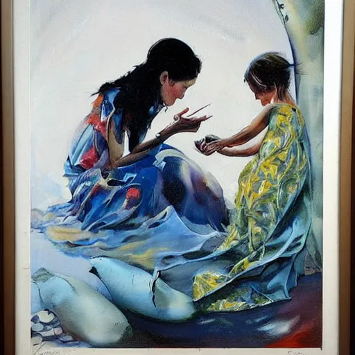 Prompt: by john larriva, by aaron horkey emotive. a beautiful painting harmony of colors, simple but powerful composition. a scene of peaceful domesticity, with a mother & child in the center, surrounded by a few simple objects. colors are muted & calming, serenity & calm.