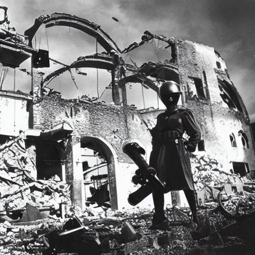 Image similar to apocalyptic disney characters wearing gas masks, war zone destroyed roman buildings in the background landscape , 1940s film photography