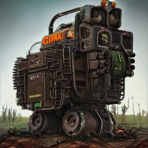 Image similar to giant scary quadrupedal mining machine with drill, four legs, highly detailed body, retro, industrial, dark, dystopian, apocalyptic, in the style of simon stalenhag