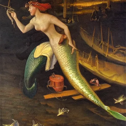 Image similar to a fisherman harpoons a mermaid, dutch golden age oil painting masterpiece