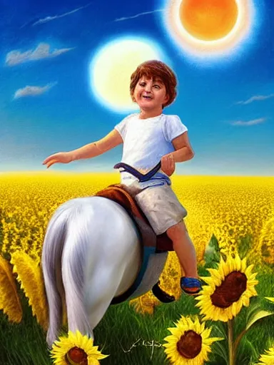 Image similar to a small happy greek todler, riding a white horse in a sunflower field, a giant sun in the background. intricate, elegant, highly detailed, digital painting, artstation, concept art, sharp focus, illustration, by justin gerard and artgerm, 8 k