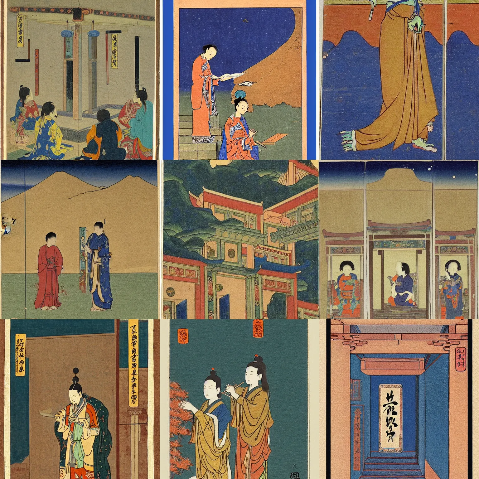 Prompt: tarot card with Chinese Dunhuang frescoes , Hasui Kawase