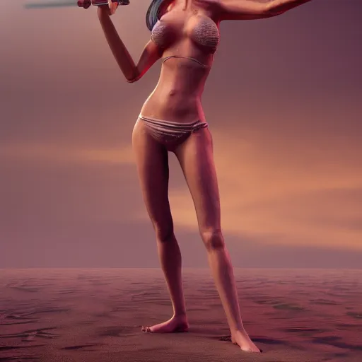Image similar to highly detailedf figurine, beautiful young woman, slim waist, big bumm, heavy chest, with a light saber, martial art pose, octane render, bikini, volumetric lights, dramatic, highly detailed, messy, hair, in the desert