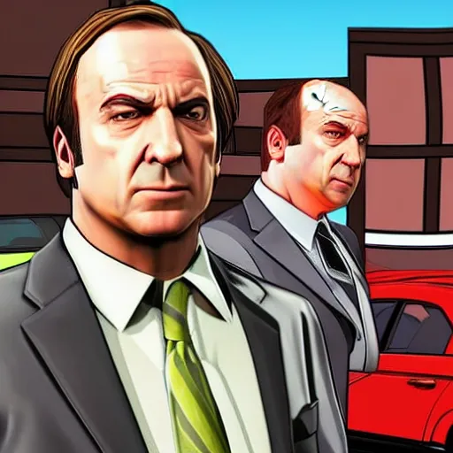 Prompt: Saul Goodman from Better Call Saul as a GTA character portrait, Grand Theft Auto, GTA cover art