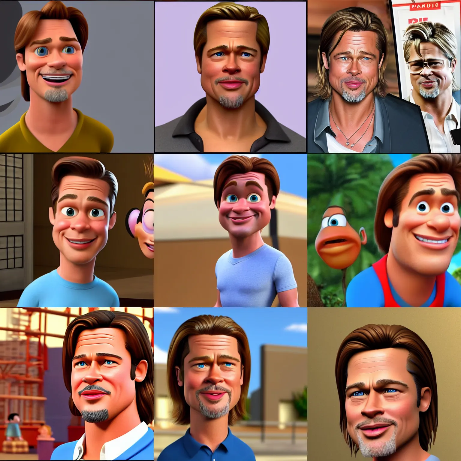 Prompt: brad pitt as a 3 d rendered cartoon pixar dreamworks disney