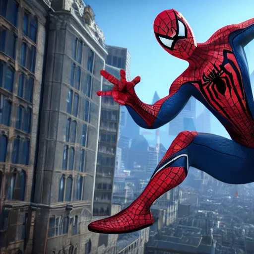 Image similar to spiderman in london, 8 k, cryengine