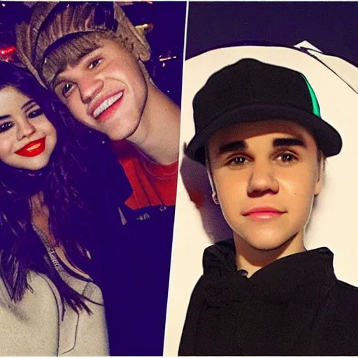 Image similar to justin bieber and selena gomez finally reunited in love in front of a lake during christmas at night