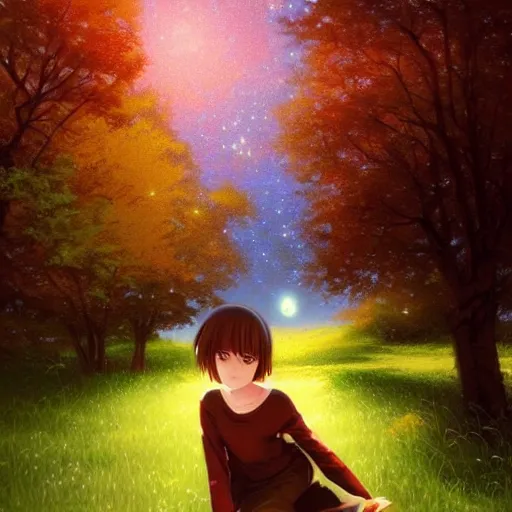 Prompt: anime girl with short brown hair and green eyes, beautiful trees and night sky with stars and galaxies, trending on artstation, by ilya kuvshinov, thomas kinkade, artgerm