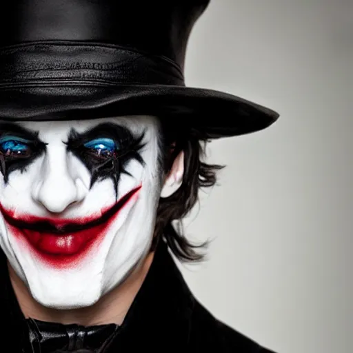 Image similar to a male model wearing a black leather hat in joker makeup, frontal view, cool looking