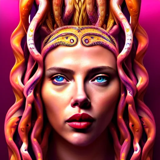 Image similar to an extremely psychedelic portrait of scarlett johanson as medusa, surreal, lsd, face, detailed, intricate, elegant, lithe, highly detailed, digital painting, artstation, concept art, smooth, sharp focus, illustration