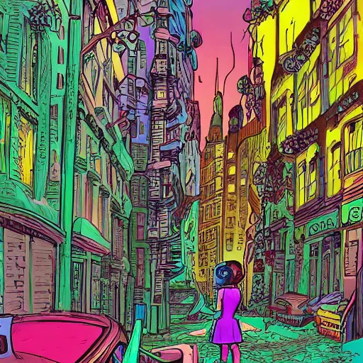 Prompt: young slender girl with headphones in densely packed city street, multicolored, Ralph Bakshi