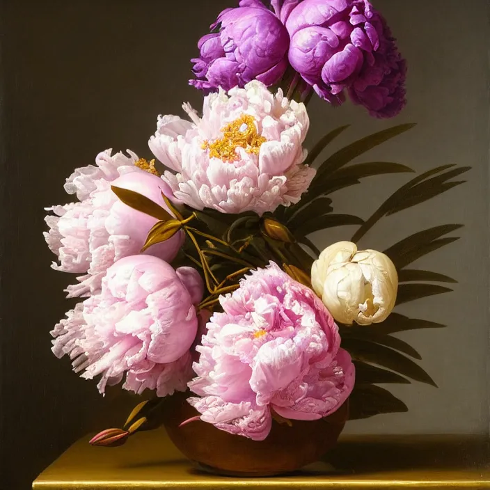 Image similar to still life painting of a beautiful bouquet of purple and pink peonies by pieter claesz, palm trees in the background, oil on canvas, strong lighting, highly detailed, hyper realism, golden hour, god rays, hd, 4 k