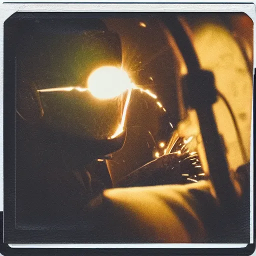 Image similar to a polaroid of a person welding, cinematic atmosphere