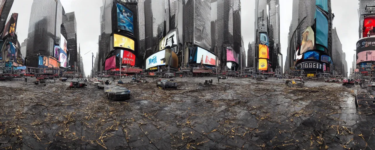 Prompt: times square after the oceans rise. The whole city is deep under water. Seaweed growing here or there, schools of fish glitter in the gloom. Rusted cars make a home for coral. Panoramic view