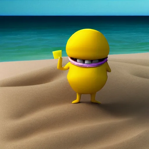 Prompt: 3 d octane render, of an anthropomorphic lemon character inspired by cartoon adventure time with lemon skin texture, it is wearing a hat, building a sandcastle on the beach at sunset, beach, huge waves, sun, clouds, long violet and green trees, rim light, cinematic photography, professional, sand, sandcastle, volumetric lightening