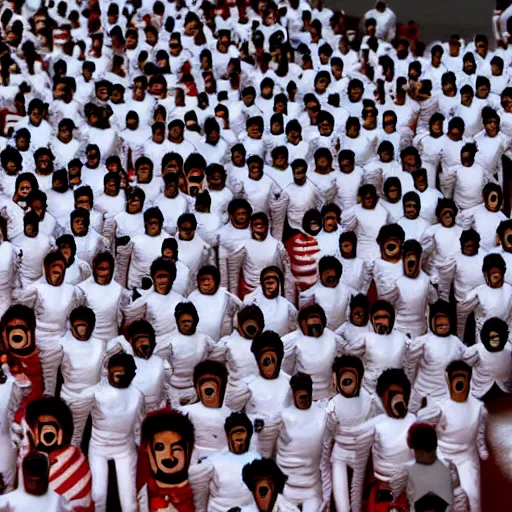 Image similar to the running of the giant screaming bob ross dolls in pamplona spain