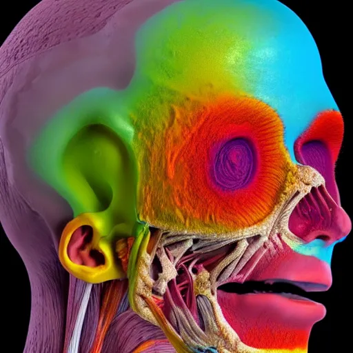 Image similar to insides of an opened human head turn into a huge coloured power explosion, hyperrealistic medical photo, anatomically correct, realistic textures + section model, 8 k,