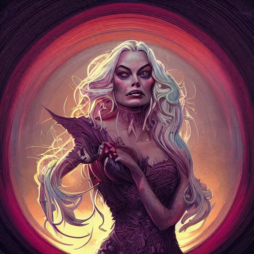 Prompt: “A portrait of a demonic Margot Robbie, digital art by Dan Mumford and Peter Mohrbacher, highly detailed, trending on DeviantArtHQ”