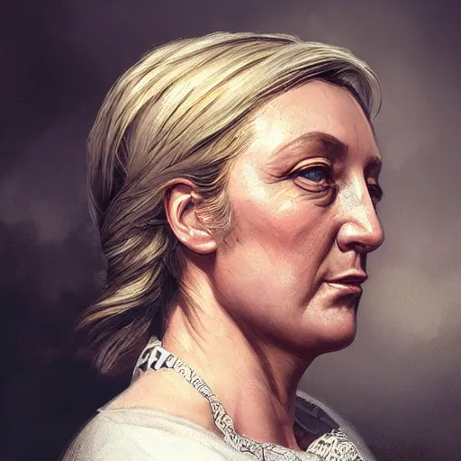 Image similar to Portrait of Marine le Pen , french revolution, amazing splashscreen artwork, splash art, head slightly tilted, natural light, elegant, intricate, fantasy, atmospheric lighting, cinematic, matte painting, detailed face, by Greg rutkowski