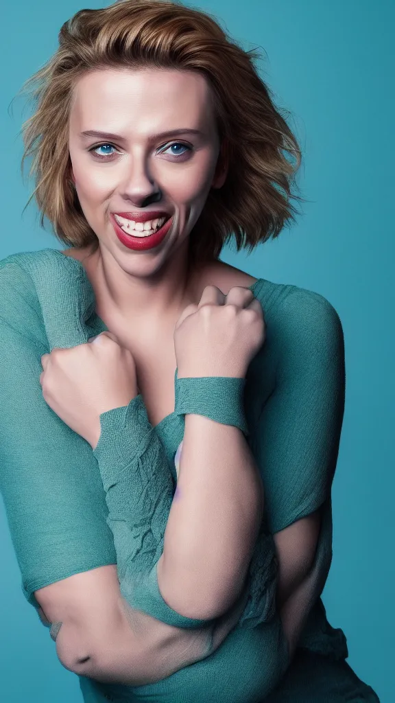 Image similar to portrait photo of smiling woman, photo of Scarlett Johansson:: symmetric face, symmetric eyes, slight smile, photo by Annie Leibovitz, 85mm, teal studio backdrop, Getty images