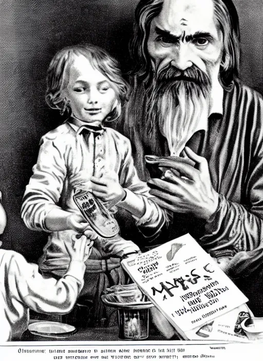 Prompt: vintage pharamaceutical magazine advertisement depicting charles manson feeding pills to children, by ernst haeckel